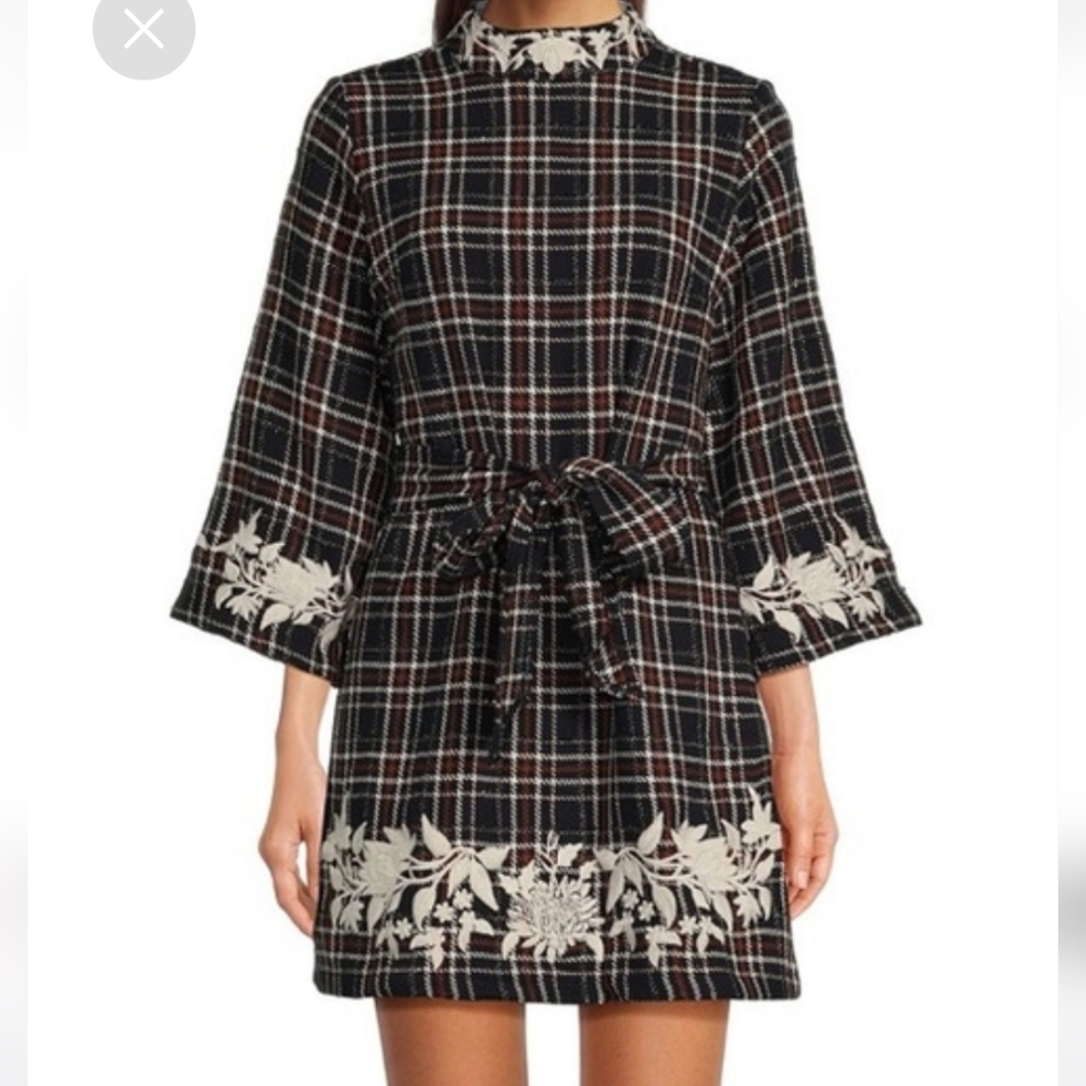 Fanm Mon Layla Tweed, Floral Embroidered Mock Neck, Wide 3/4 Sleeve Dress